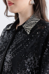 Crystal & Sequin Embellished High-Low Shirt