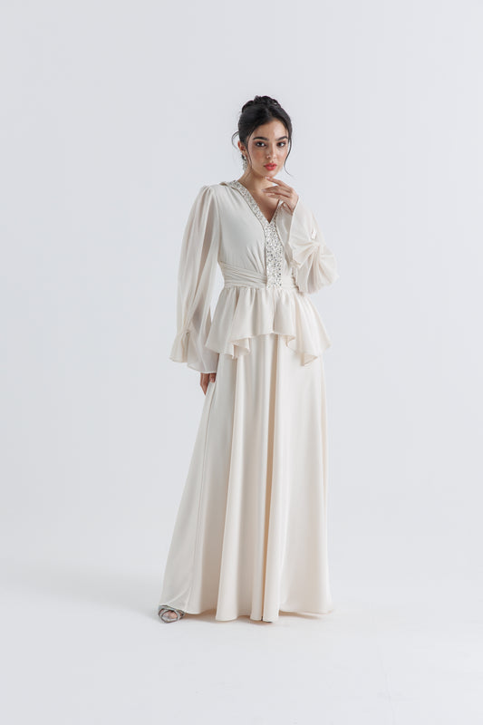 Crystal-Embellished Peplum Gown with Draped Sleeves
