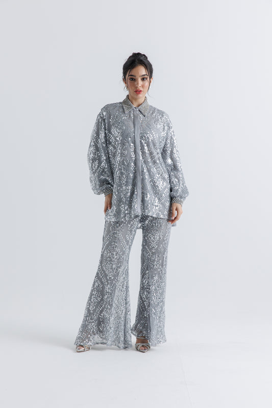 Sequin Wide-Leg Pants with Satin Lining