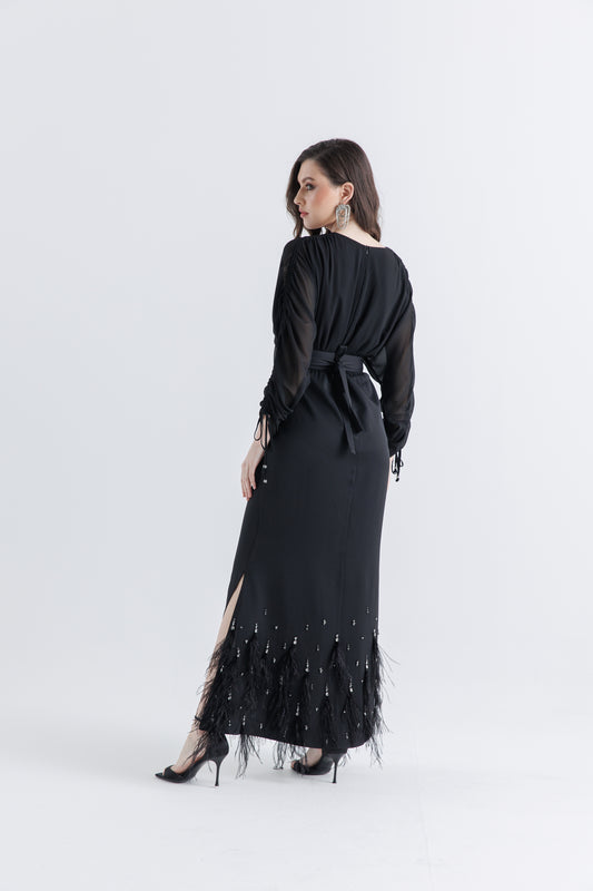 Feather-Embellished Wrap Maxi Dress with Drawstring Sleeves