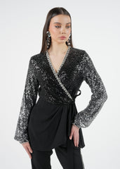 Wrap-Style Sequined Top with Embellished Details