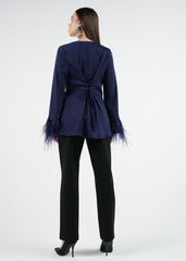 Embellished Feather Cuff Blouse with Lace-Up Back