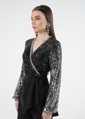Wrap-Style Sequined Top with Embellished Details