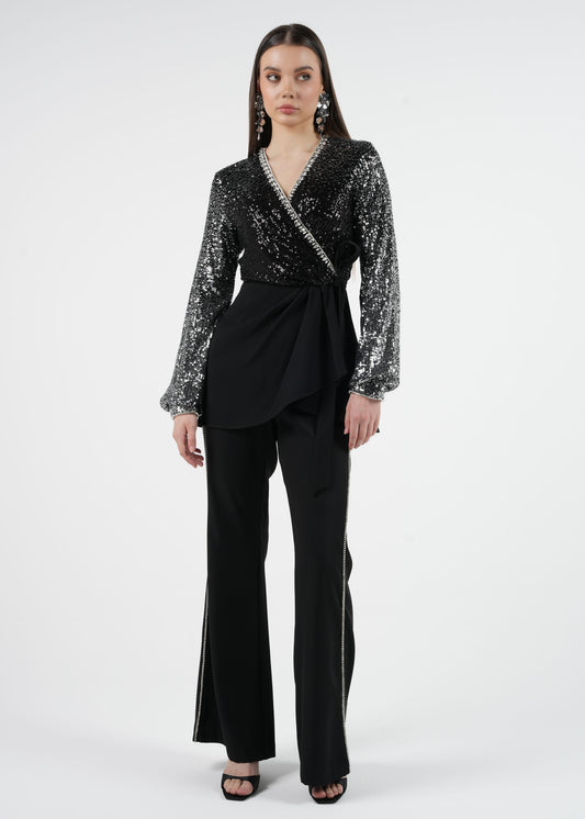 High-Waist Straight-Leg Pants with Embellished Line