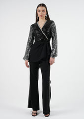 High-Waist Straight-Leg Pants with Embellished Line