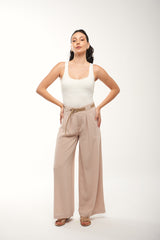 Wide-Leg Tailored Pants with Faux Leather Belt