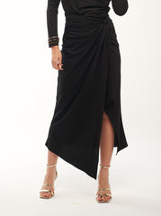 Draped Midi Skirt with Knot Waist and Asymmetric Hem