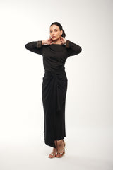 Draped Midi Skirt with Knot Waist and Asymmetric Hem