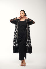 Embroidered Sheer Lace Cardigan with Pearl Beading & Fringe Hem