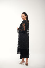 Embroidered Sheer Lace Cardigan with Pearl Beading & Fringe Hem
