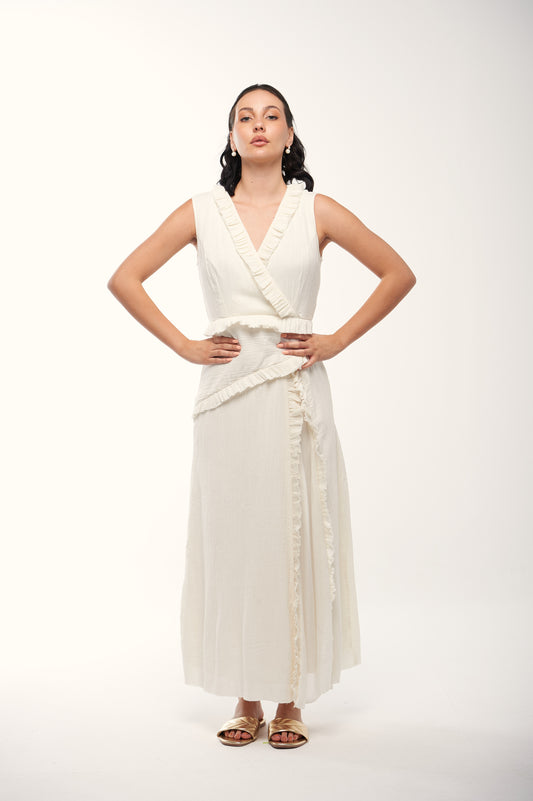 Sleeveless Wrap-Style Dress with Ruffle Trim