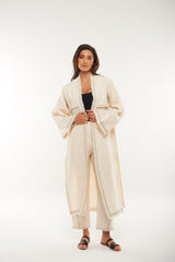 Textured Open-Front Kaftan with Contrast Stitch Detail