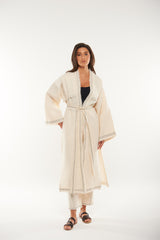 Textured Open-Front Kaftan with Contrast Stitch Detail