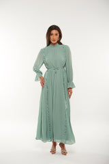 Pleated Long Maxi Dress with Ruffle Details