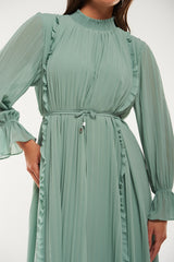 Pleated Long Maxi Dress with Ruffle Details