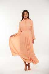 Pleated High-Neck Maxi Dress with Lace Trim