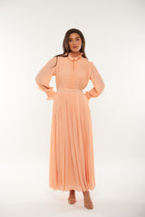 Pleated High-Neck Maxi Dress with Lace Trim