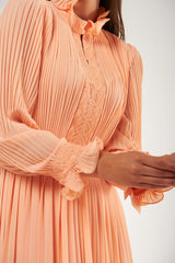 Pleated High-Neck Maxi Dress with Lace Trim