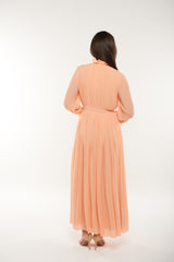 Pleated High-Neck Maxi Dress with Lace Trim