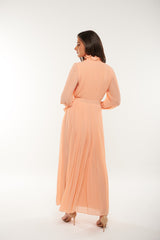 Pleated High-Neck Maxi Dress with Lace Trim