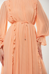 Pleated Long Maxi Dress with Ruffle Details
