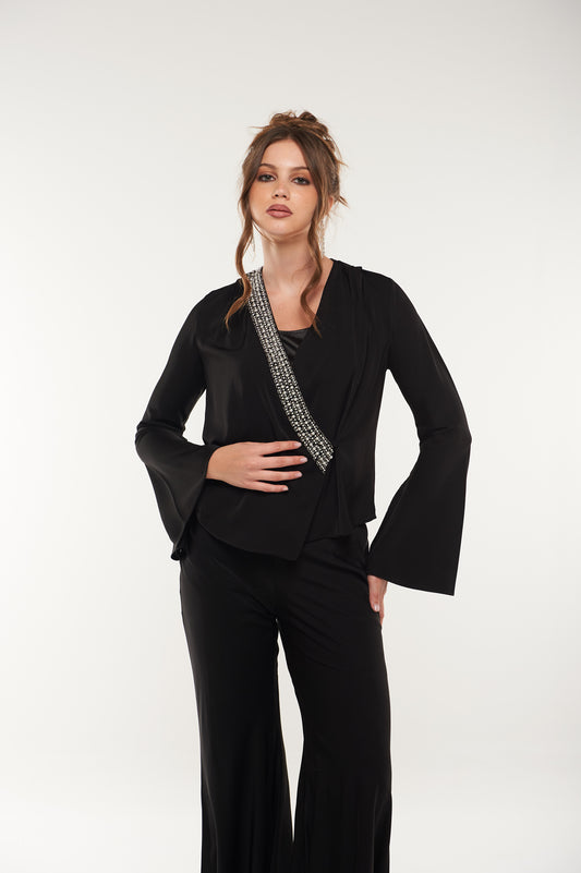 Embellished Wrap Blouse with Flared Sleeves