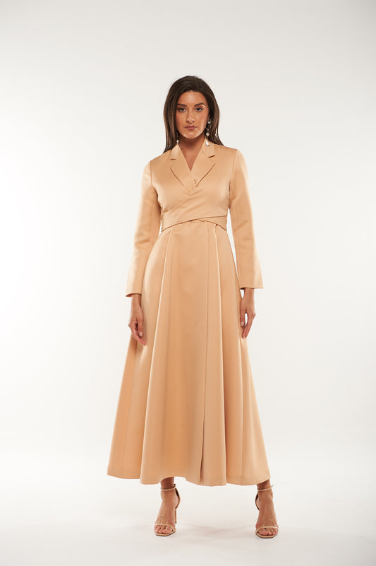 Wrap-Style Blazer Maxi Dress with Single Button Closure