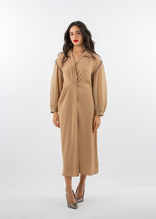 Structured Midi Dress with Embellished Puff Sleeves - Montania Shop