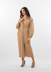 Structured Midi Dress with Embellished Puff Sleeves - Montania Shop