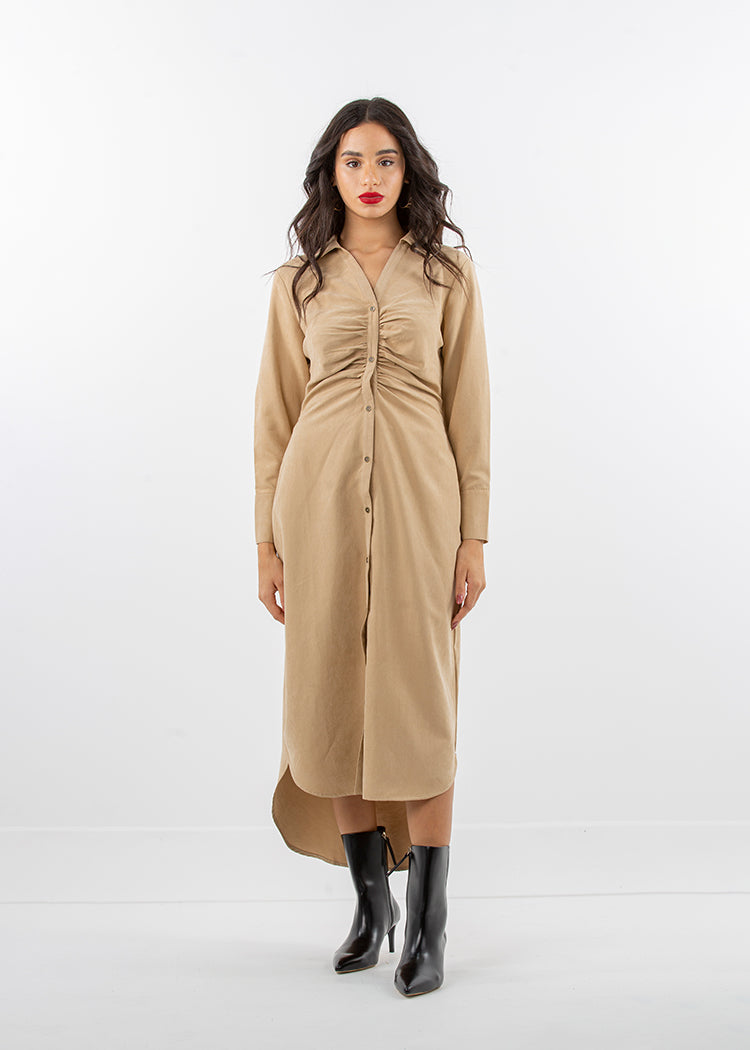 Suede Midi Shirt Dress with Ruched Front Detail - Montania Shop