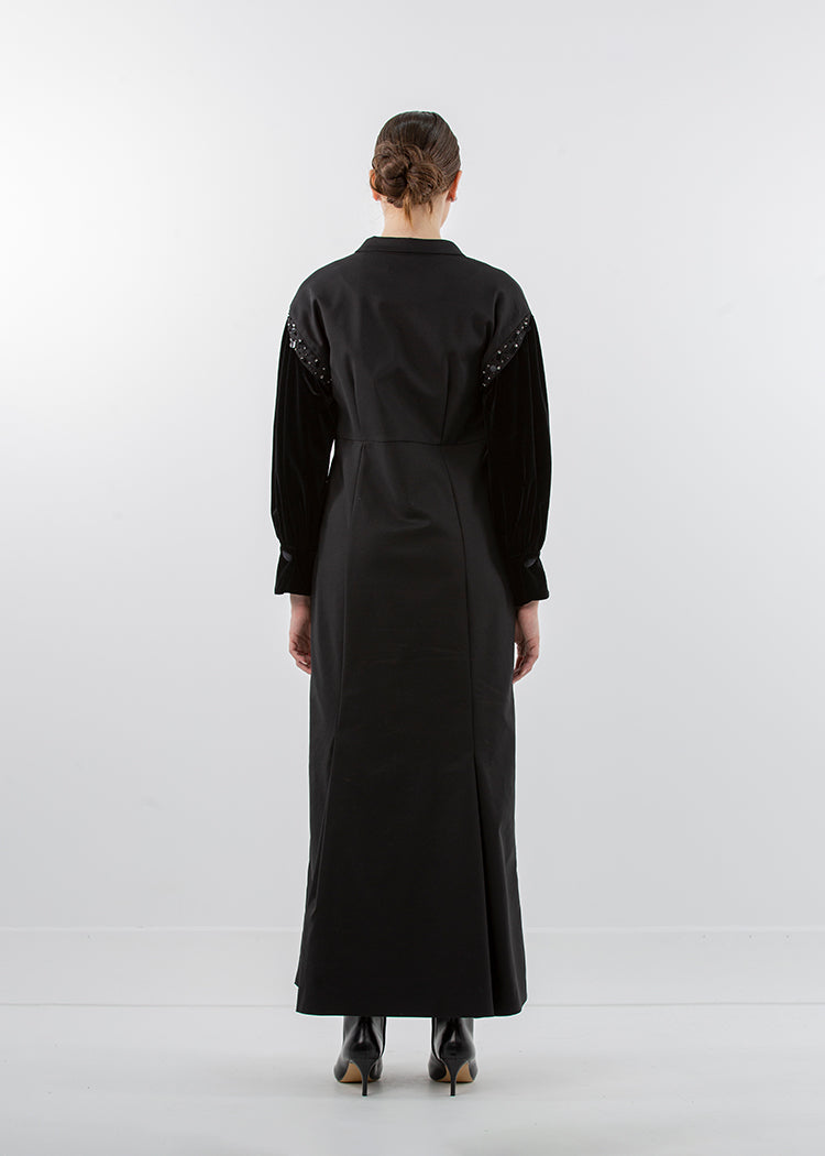 Long Tailored Coat Dress with Velvet Embellished Sleeves - Montania Shop