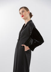 Long Tailored Coat Dress with Velvet Embellished Sleeves - Montania Shop