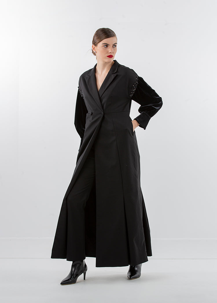 Long Tailored Coat Dress with Velvet Embellished Sleeves - Montania Shop