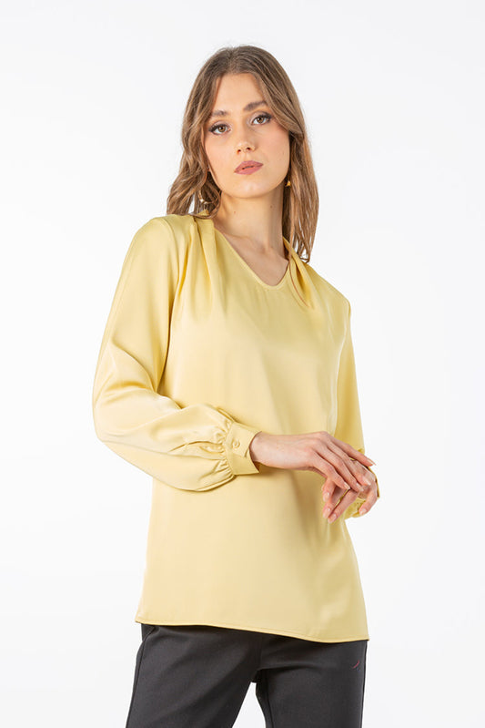 Elegant V-Neck Blouse with Soft Gathered Sleeves