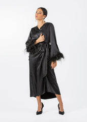 2306210-Asymetrical Long Sleeves Dress With Feathered Cuff - Montania Shop