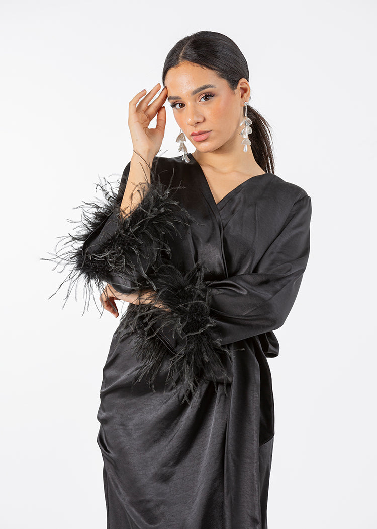 2306210-Asymetrical Long Sleeves Dress With Feathered Cuff - Montania Shop
