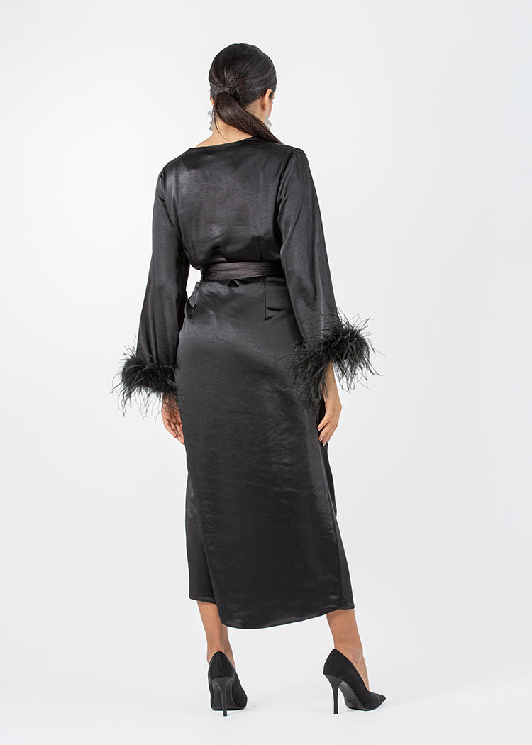 2306210-Asymetrical Long Sleeves Dress With Feathered Cuff - Montania Shop