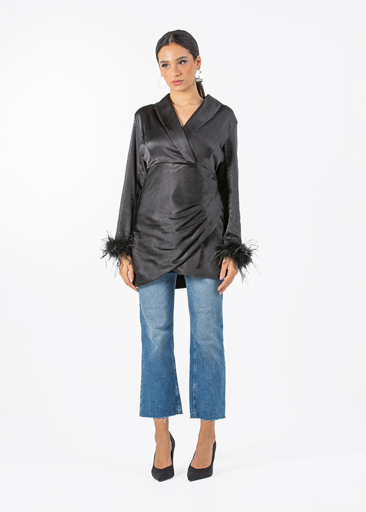 2306200-Long Sleeve Top with Feather Cuff Detail - Montania Shop