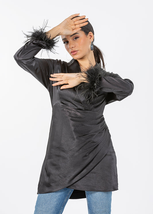 2306200-Long Sleeve Top with Feather Cuff Detail - Montania Shop