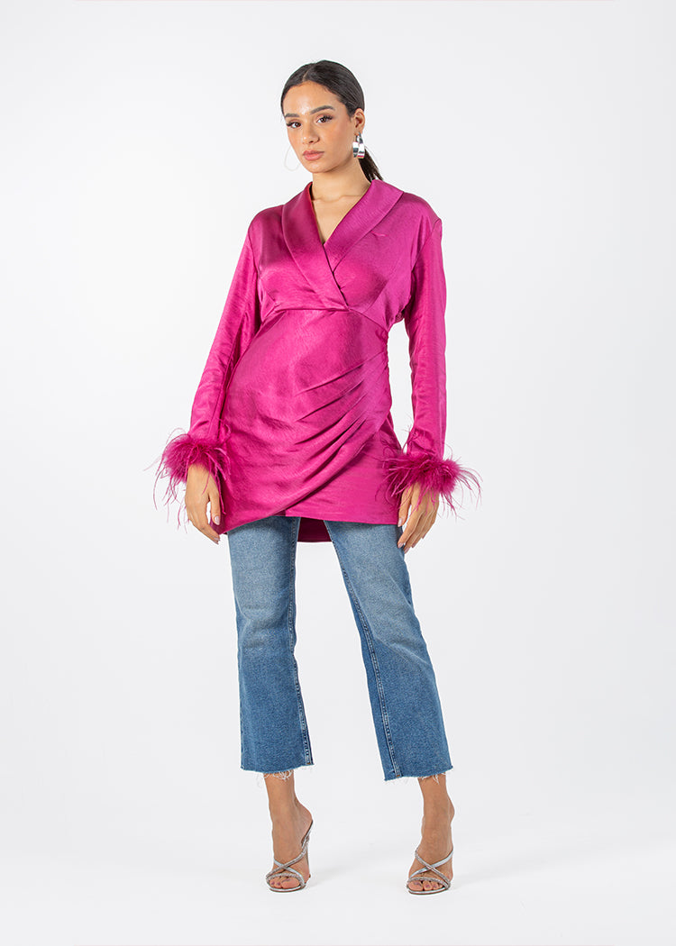 2306200-Long Sleeve Top with Feather Cuff Detail - Montania Shop