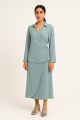 Wrap-Style Collared Blouse with Beaded Cuffs