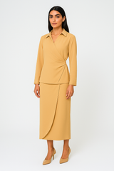 Wrap-Style Collared Blouse with Beaded Cuffs