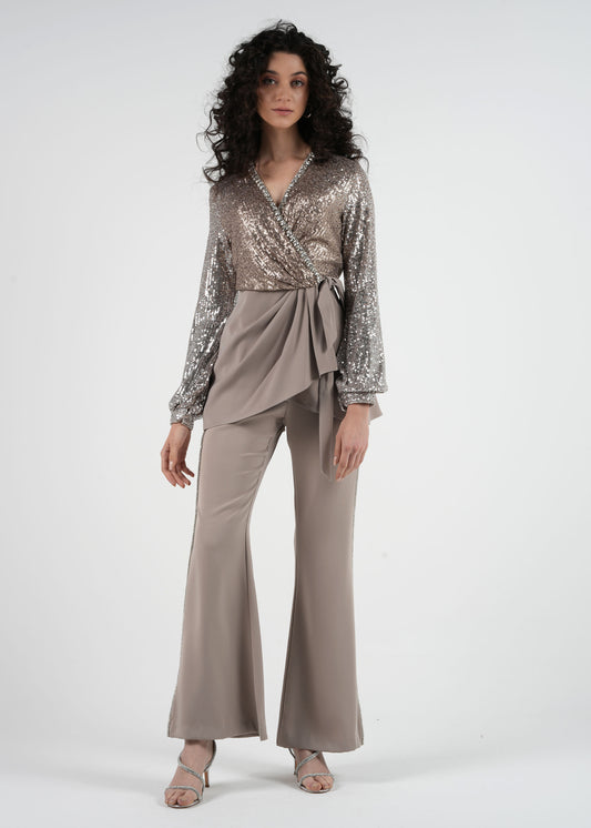 High-Waist Straight-Leg Pants with Embellished Line