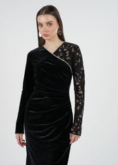 One-Shoulder Velvet & Lace Evening Gown with Embellished Cuff