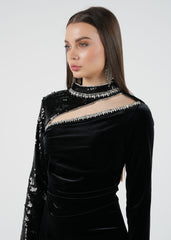Asymmetrical Velvet Gown with Sequin Embellishment