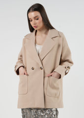 Oversized Double-Breasted Coat with Buttoned Sleeves