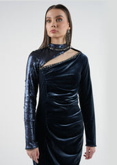 Asymmetrical Velvet Gown with Sequin Embellishment