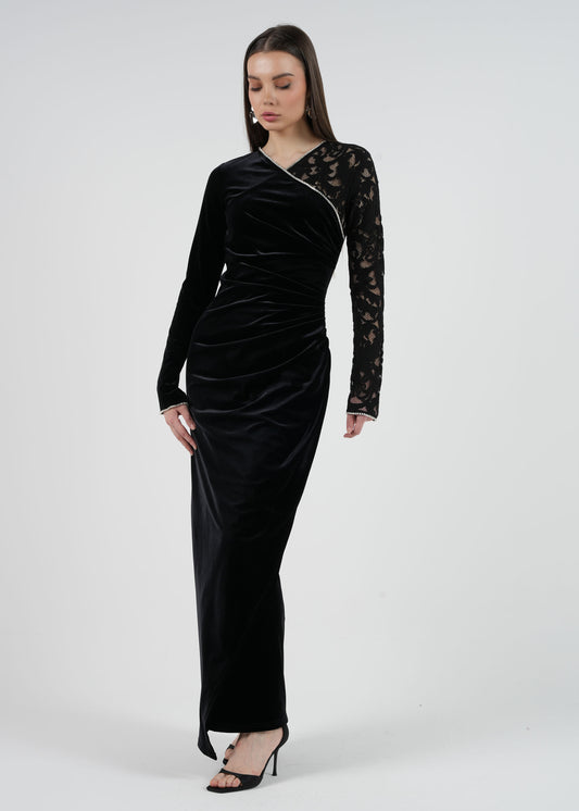One-Shoulder Velvet & Lace Evening Gown with Embellished Cuff