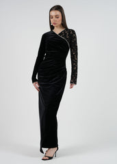 One-Shoulder Velvet & Lace Evening Gown with Embellished Cuff