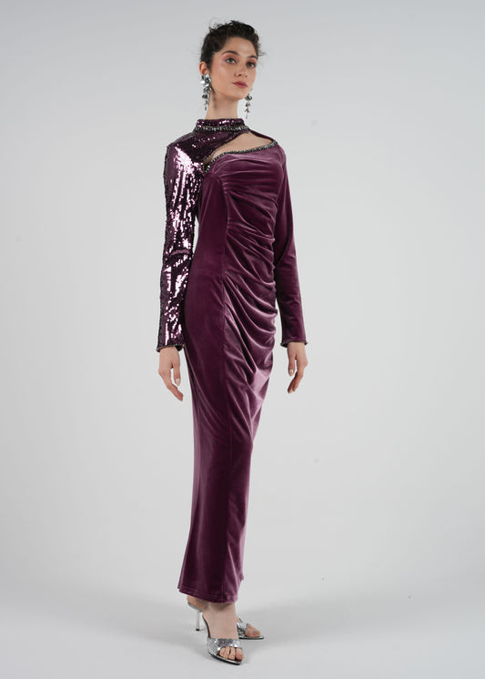 Asymmetrical Velvet Gown with Sequin Embellishment